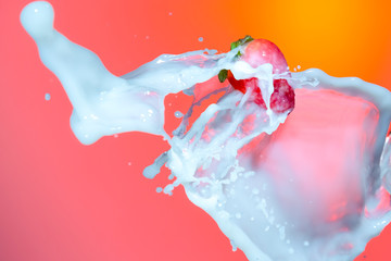 One Strawberry Levitating  in Stream of Milk Splashes Droplets. Isolated Against Red Background