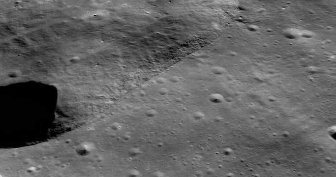 Medium-altitude circular tracking shot of Harpalus Crater, Sinus Roris. LAT  53.02 LONG 316.27. Reversible, seamless loop. Elements of this image furnished by NASA