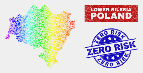 Obraz premium Production Lower Silesia Province map and blue Zero Risk textured seal. Rainbow colored gradiented vector Lower Silesia Province map mosaic of production elements. Blue rounded Zero Risk seal.