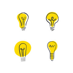 Hand drawn light bulbs, idea icons doodle collection