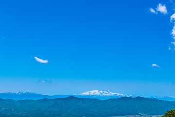 Fototapeta na wymiar 春の新緑の高原と雪山