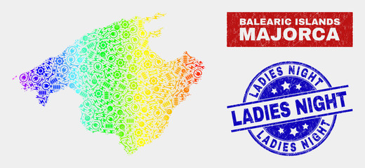 Factory Majorca map and blue Ladies Night distress seal. Rainbow colored gradient vector Majorca map mosaic of machinery components. Blue round Ladies Night seal.