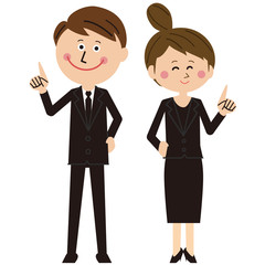 ポップな黒いスーツを着た男女が指さし