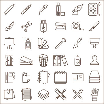 Set Of Stationery Line Icon Set. Included The Icons As Color Pencil, Note, Drawing Stationery,  File Folder, Color Swatch And More Customize Color, Stroke Width Control , Easy Resize.