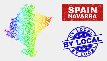 Obraz premium Tools Navarra Province map and blue By Local distress seal. Spectrum gradiented vector Navarra Province map mosaic of equipment items. Blue rounded By Local seal.