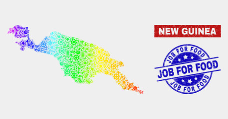 Naklejka premium Industrial New Guinea map and blue Job for Food grunge seal stamp. Spectral gradient vector New Guinea map mosaic of mechanics. Blue round Job for Food stamp.