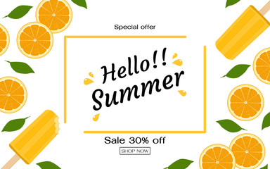 Orange slice with leaves and citrus flavour popsicle. Summer sale banner template. Flat design vector illustration.