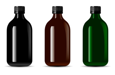 Black Glass Bottle. 3d Glossy Container Package Illustration. Medicine Treatment Packaging Vector Mockup. Aromatherapy Essence Flacon Blank. Brown or Green Serum Bottle