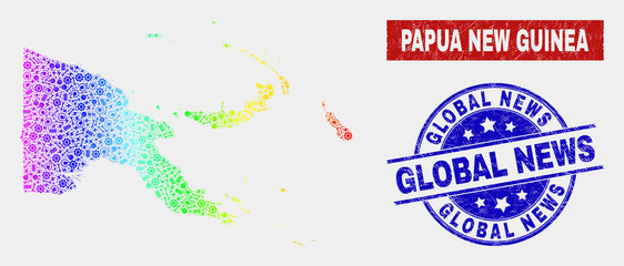 Engineering Papua New Guinea map and blue Global News scratched seal stamp. Spectral gradiented vector Papua New Guinea map mosaic of engineering. Blue round Global News seal.