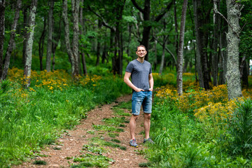 Naklejka na ściany i meble Man standing in Story of the Forest nature trail in Shenandoah Blue Ridge appalachian mountains by yellow flowers on path