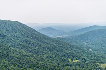 View of horizon in Shenandoah Blue Ridge appalachian mountains on skyline drive overlook and rolling hills
