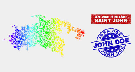 Fototapeta na wymiar Productivity Saint John Island map and blue John Doe textured stamp. Spectrum gradient vector Saint John Island map mosaic of productivity components. Blue rounded John Doe stamp.