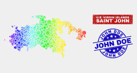 Obraz premium Productivity Saint John Island map and blue John Doe textured stamp. Spectrum gradient vector Saint John Island map mosaic of productivity components. Blue rounded John Doe stamp.