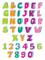Hand-drawn 3D font and numbers. uppercase letters. the doodle alphabet for children's themes