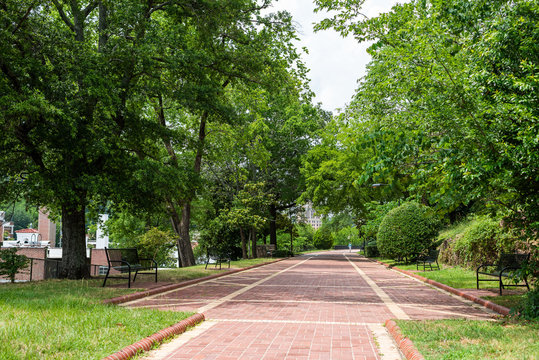Park in Hot Springs, Arkansas with road path in summer with green trees and benches by bath house row