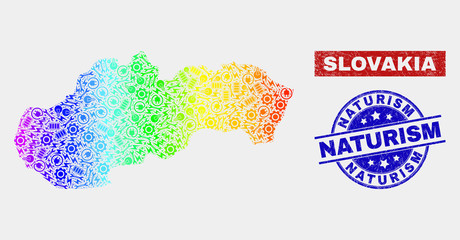 Production Slovakia map and blue Naturism distress stamp. Rainbow colored gradiented vector Slovakia map mosaic of engineering elements. Blue rounded Naturism stamp.