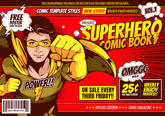 Naklejka premium Superhero comic cover template background, flyer brochure speech bubbles, doodle art, Vector illustration, you can place relevant content on the area.