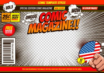 Obraz premium comic cover template background, flyer brochure speech bubbles, doodle art, Vector illustration, you can place relevant content on the area.