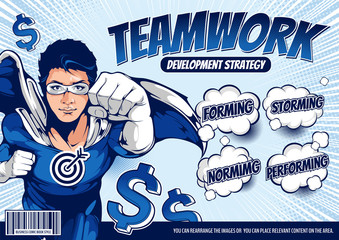 Superhero business comic cover template background, flyer brochure speech bubbles, doodle art, Vector illustration, you can place relevant content on the area. © kirkchai