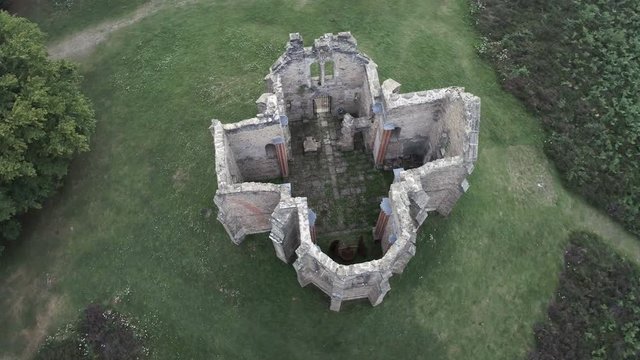 Mont Gargan chapel dedicated to Notre-Dame du Bon Secours. Parc naturel r&eacute;gional de Millevaches en Limousin. France. Aerial Point of Interest anticlockwise rotation view looking down.