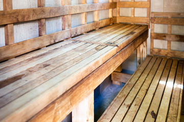 Fototapeta na wymiar Closeup of empty wooden sauna benches with nobody in room for health