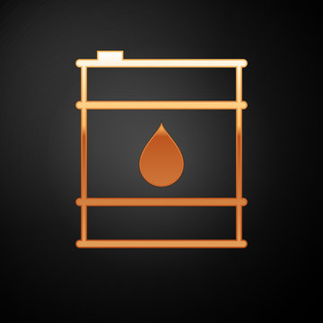 Gold Oil Barrel Line Icon Isolated On Black Background. Oil Drum Container. For Infographics, Fuel, Industry, Power, Ecology. Vector Illustration