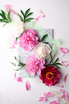 Creative layout made with pink and white peonies flowers on bright background. Flat lay. Spring Seasonal valentine, woman, mother, 8 march holiday
