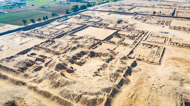 Aerial view of ancient ruins of Chan Chan in Trujillo, Peru. Archaeological site of ancient city from the Chimu culture belonging to the pre-Columbian era.