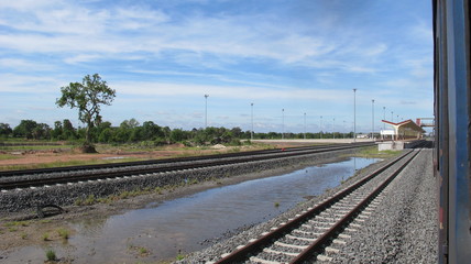 Fototapeta na wymiar New railway tracks, North East Railway Station of Thailand, natural, forest and grassland and sky