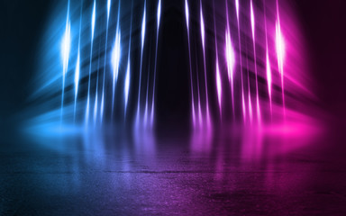 Fototapeta premium Empty background scene. Dark street reflection on wet asphalt. Rays of neon light in the dark, neon figures, smoke. Background of empty stage show. Abstract dark background.