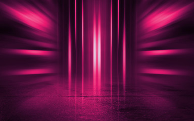 Empty background scene. Dark street reflection on wet asphalt. Rays of neon light in the dark, neon figures, smoke. Background of empty stage show. Abstract dark background.