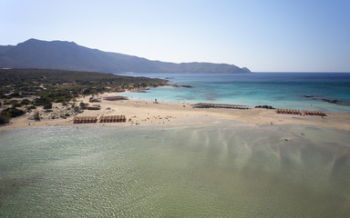 Aerial bird's-eye view from drone on Elafonisi sandy beach on Crete.  Greece.
