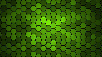 Honeycomb Grid tile random background or Hexagonal cell texture. in color UFO Green with dark or black gradient. Tecnology concept. with 4k resolution.