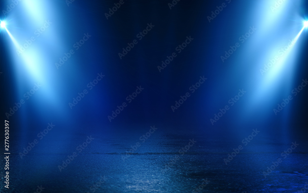 Aufkleber empty background scene. dark street reflection on wet asphalt. rays of neon light in the dark, neon 