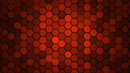 Honeycomb Grid tile random background or Hexagonal cell texture. in color Bright Red with dark or black gradient. Tecnology concept. with 4k resolution.