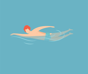 Young Man Swimming, Guy Relaxing in the Sea, Ocean or Swimming Pool at Summer Vacation Vector Illustration