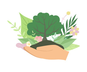 Human Hands Holding Green Tree, Environmental Protection, Ecology Vector Illustration