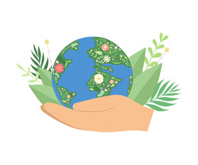 Human Hands Holding Flowering Earth Globe, Save the Planet, Environmental Protection, Ecology Concept Vector Illustration