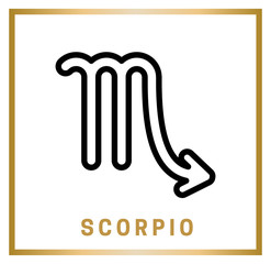 Zodiac sign Scorpio. Horoscope. Isolated black icon on the white background with golden inscription. Vector illustration