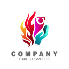 education logo with simple look, fire and student icon template, hand and fire