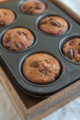 home made chocolate chip muffins in a muffin tray