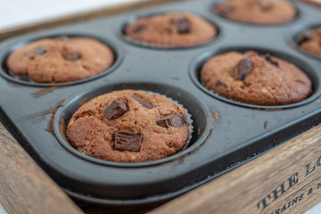 home made chocolate chip muffins in a muffin tray