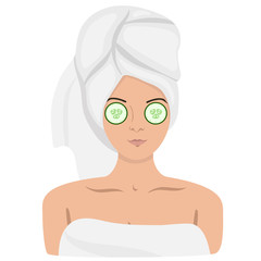 A woman in a spa with a towel on her head and a mask on her face. Isolated image. Vector graphics.