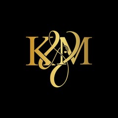 K & M KM logo initial vector mark. Initial letter K & M KM luxury art vector mark logo, gold color on black background.