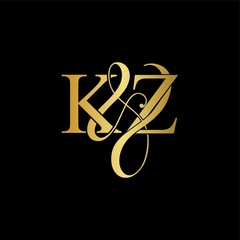 K & Z KZ logo initial vector mark. Initial letter K & Z KZ luxury art vector mark logo, gold color on black background.