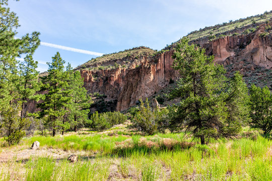Scenery of canyon cliffs at Main Loop trail in Bandelier National Monument in New Mexico during summer in Los Alamos