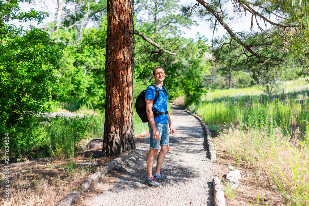 Wall mural scenery of tree and path with man hiking at main loop trail in bandelier national monument in new me
