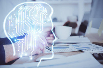 Brain multi exposure icon with man hands background.