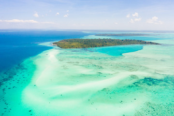 Mansalangan sandbar, Balabac, Palawan, Philippines. Tropical islands with turquoise lagoons, view from above. Seascape with atolls and islands.