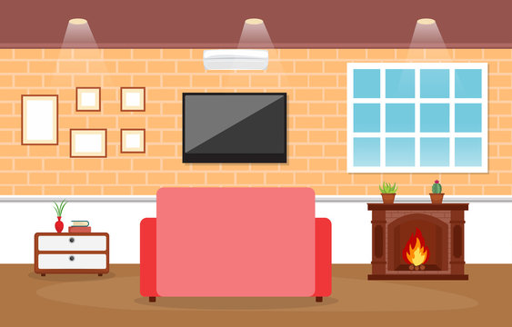 Fireplace Living Room Family House Interior Furniture Vector Illustration